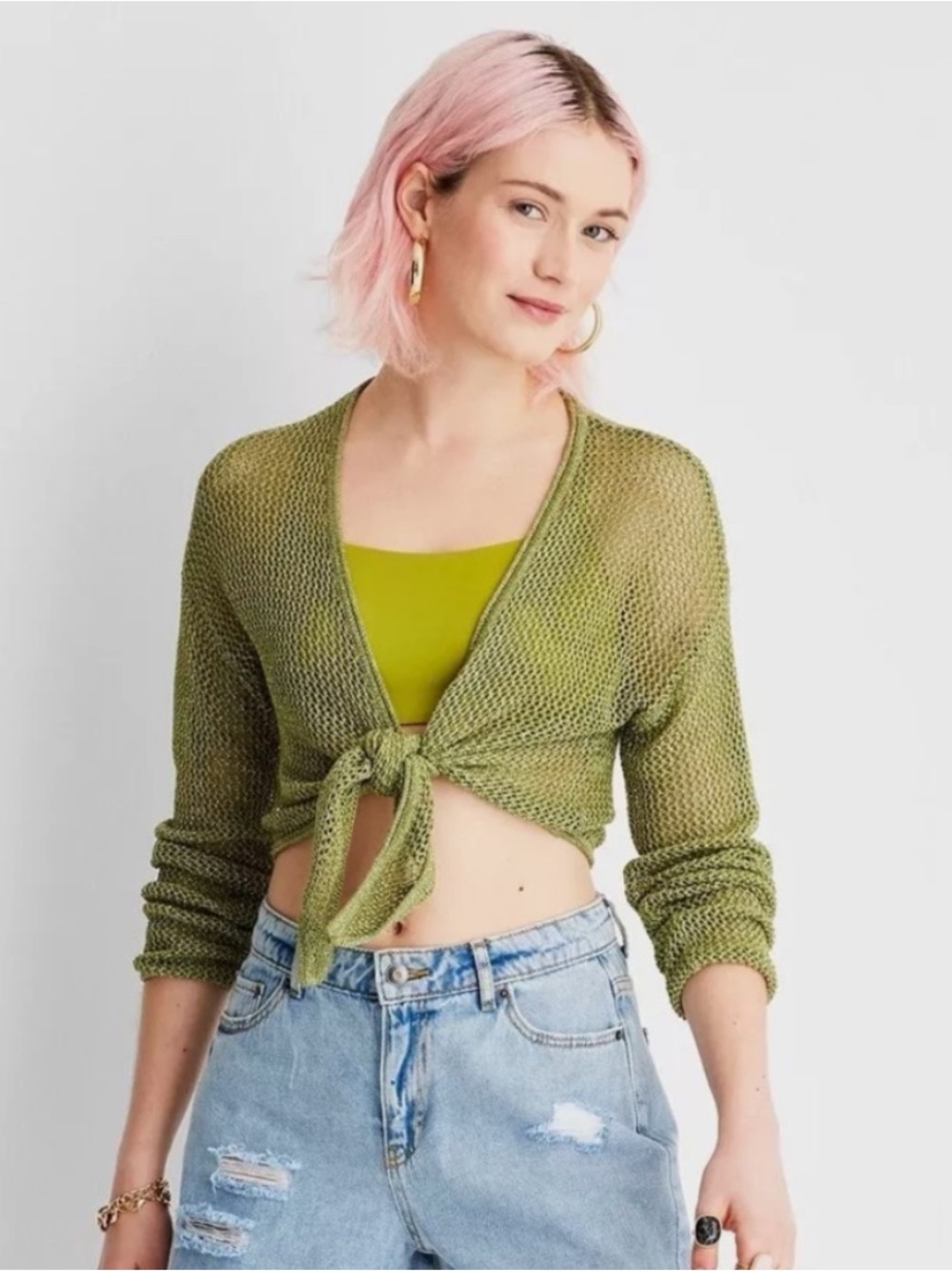 Future Collective Metallic Green Tie Front Crochet Sweater